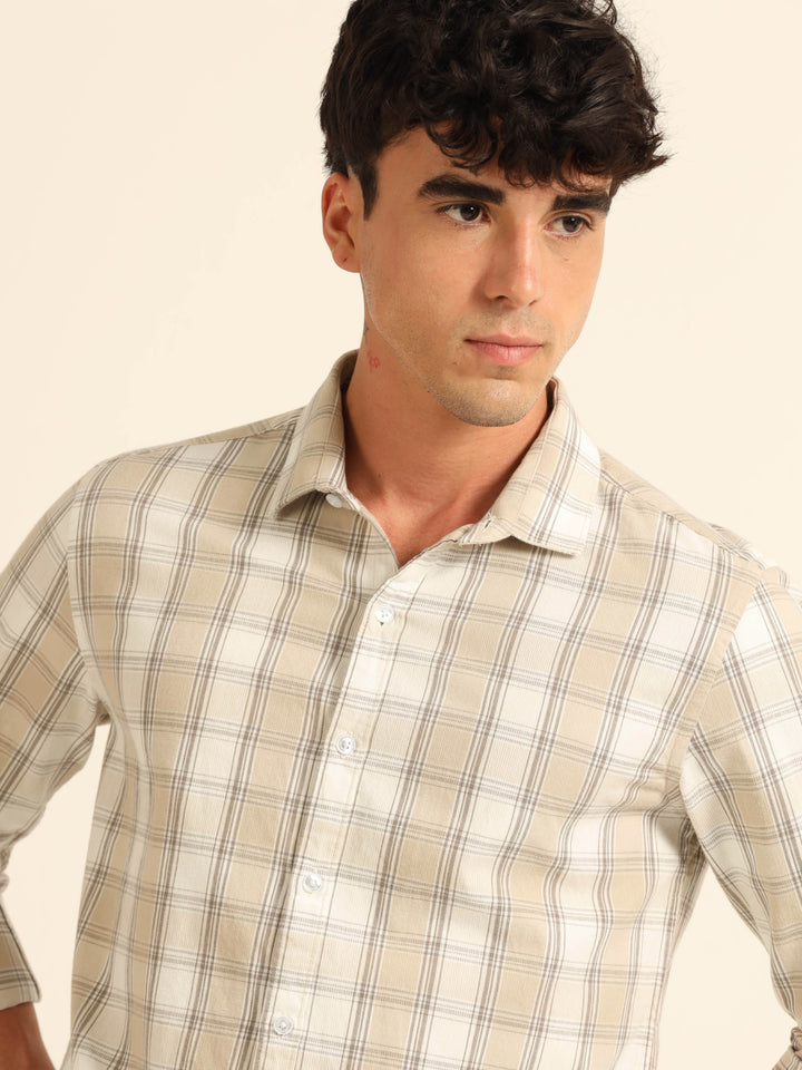 Beige Regular Fit Check Shirt Checks Shirt Bushirt