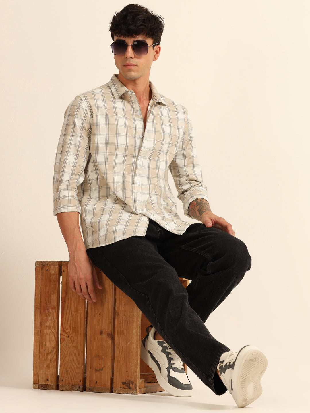 Beige Regular Fit Check Shirt Checks Shirt Bushirt