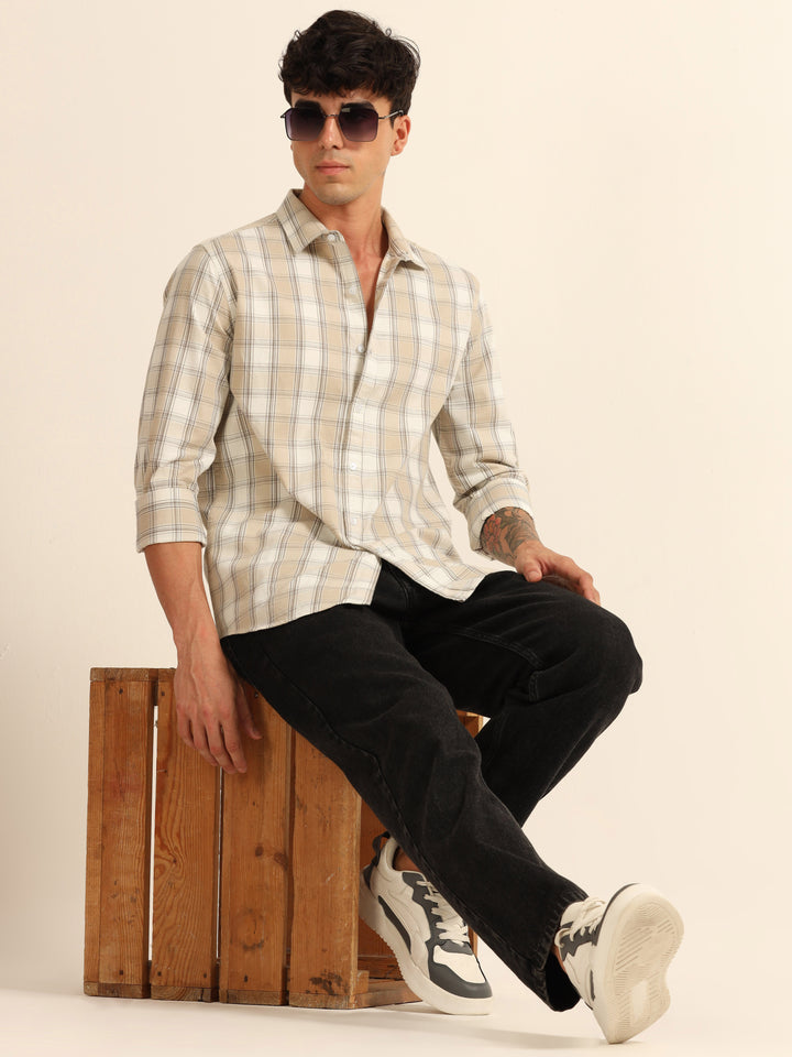 Beige Regular Fit Check Shirt Checks Shirt Bushirt
