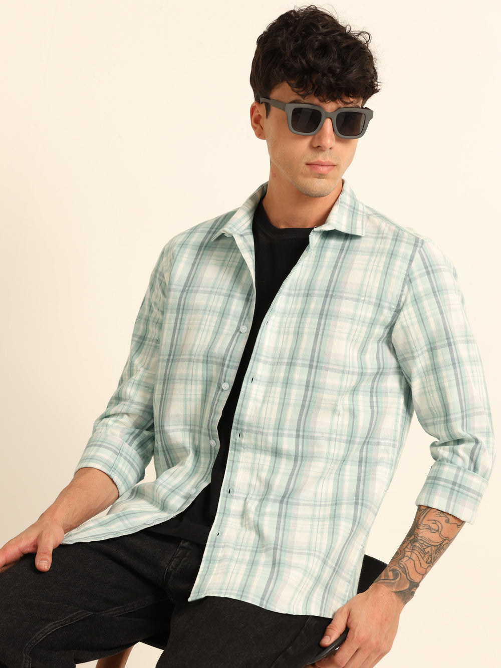 Areo Blue Regular Fit Check Shirt Checks Shirt Bushirt