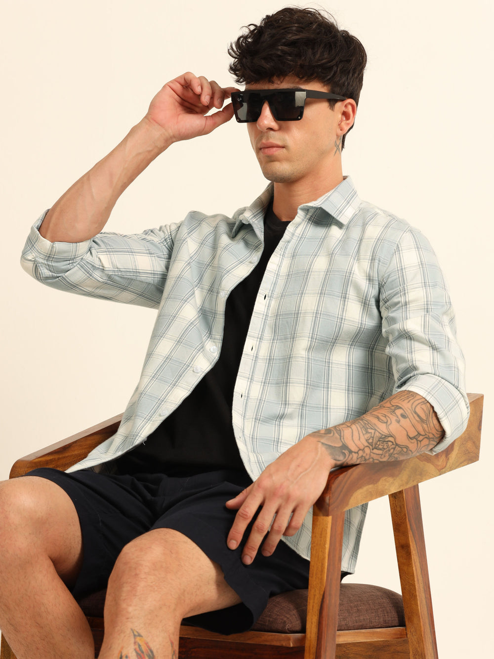 Cadet Grey Regular Fit Check Shirt Checks Shirt Bushirt