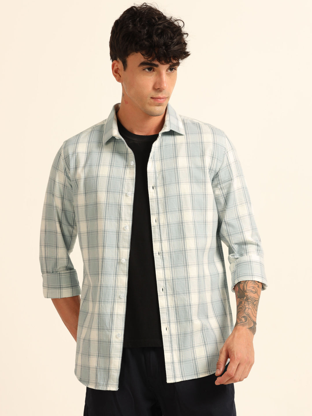 Cadet Grey Regular Fit Check Shirt Checks Shirt Bushirt