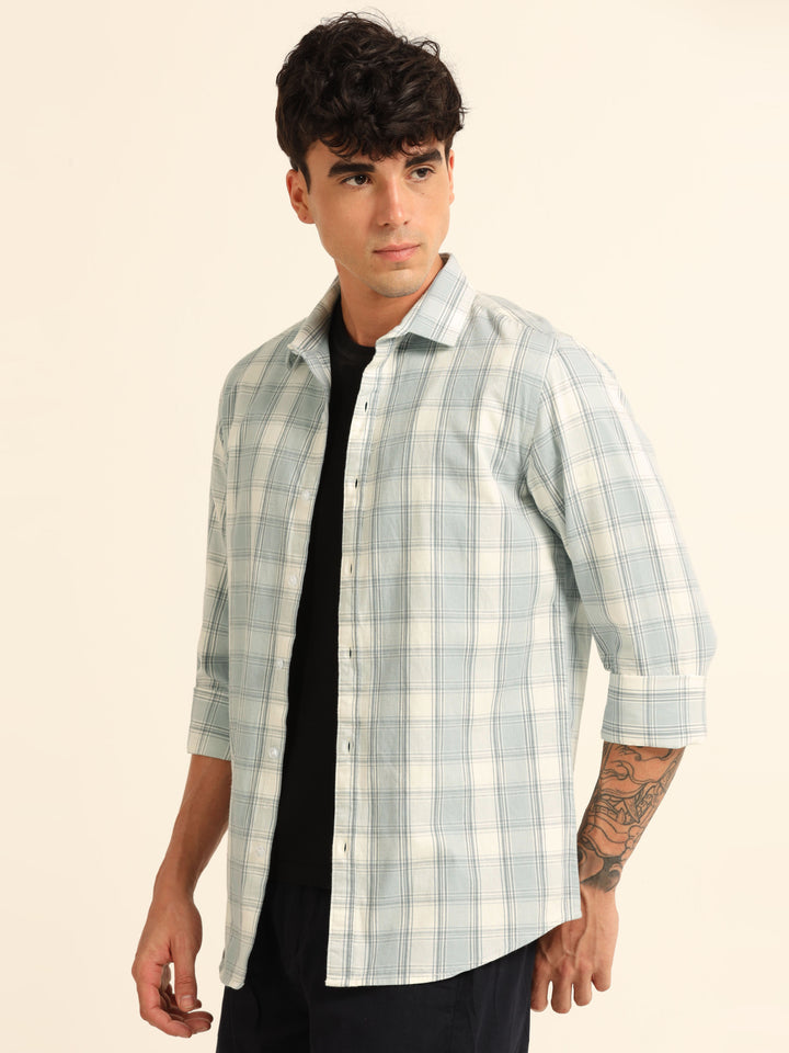 Cadet Grey Regular Fit Check Shirt Checks Shirt Bushirt