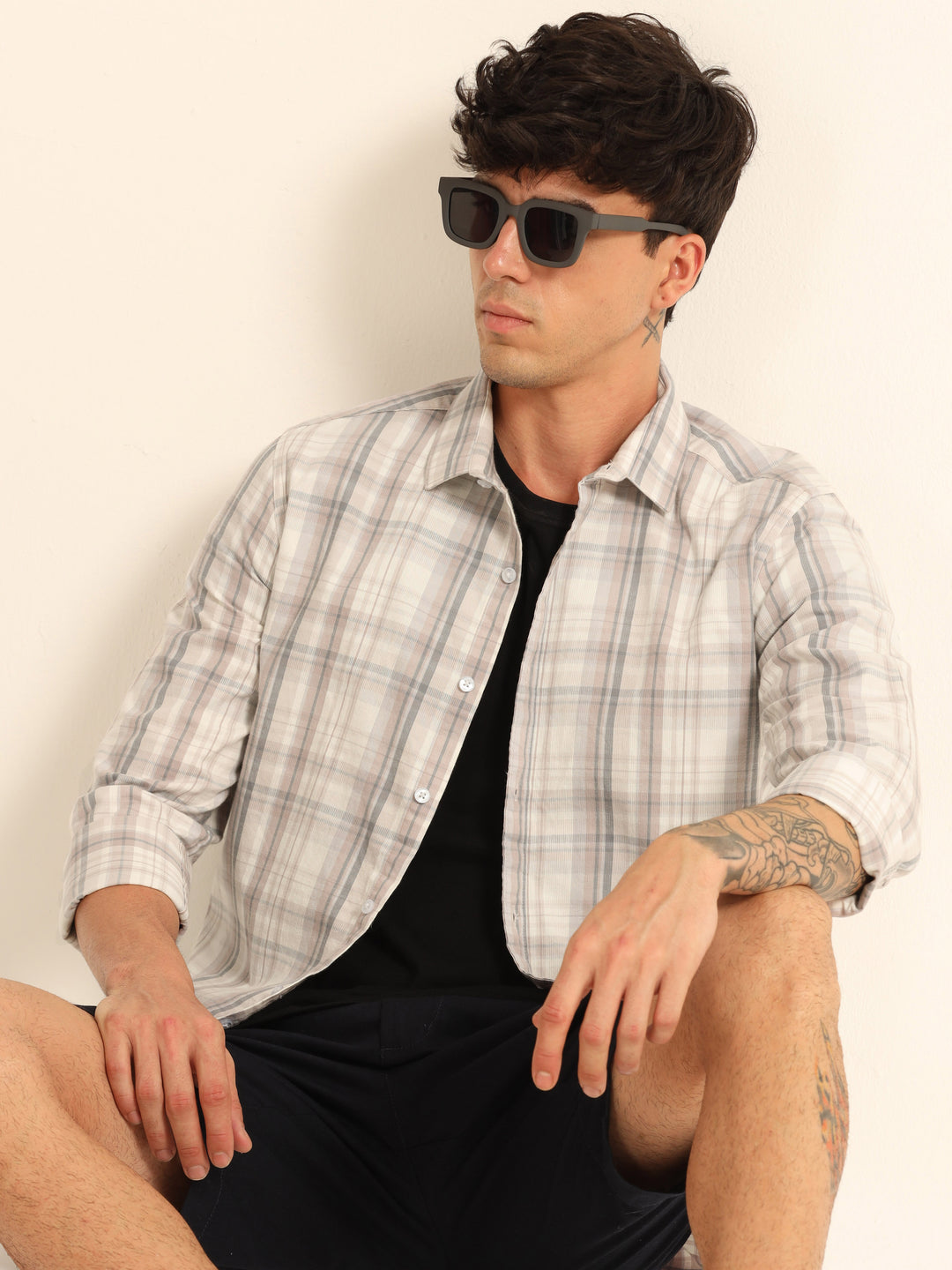 French Taupe Regular Fit Check Shirt Checks Shirt Bushirt