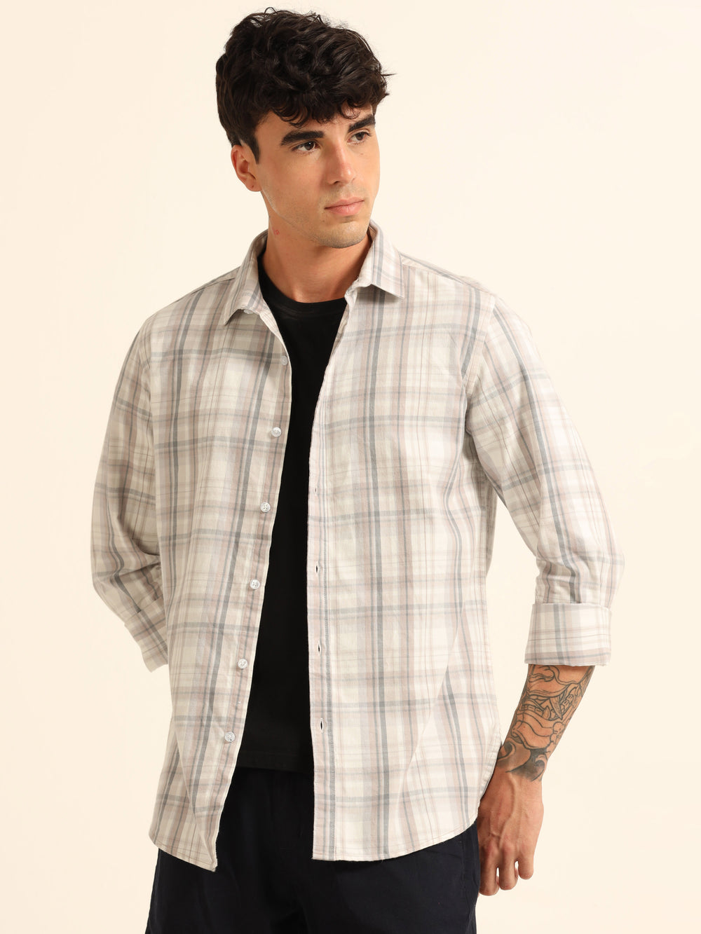 French Taupe Regular Fit Check Shirt Checks Shirt Bushirt