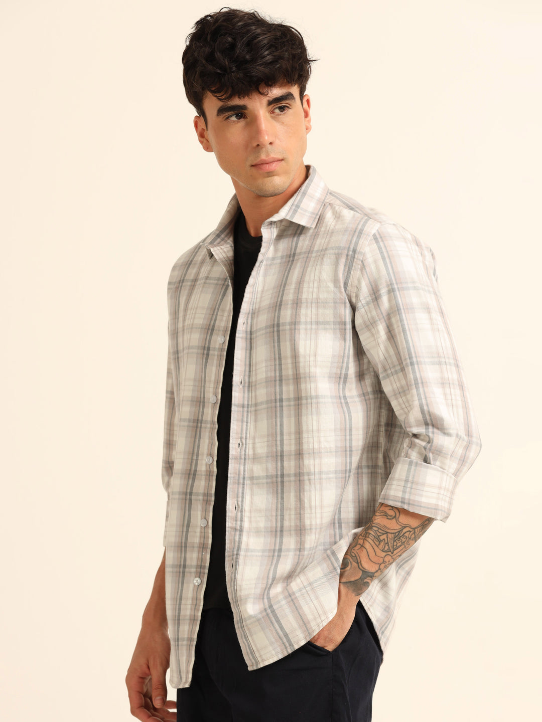 French Taupe Regular Fit Check Shirt Checks Shirt Bushirt