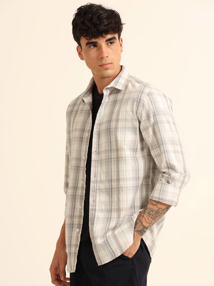 French Taupe Regular Fit Check Shirt Checks Shirt Bushirt