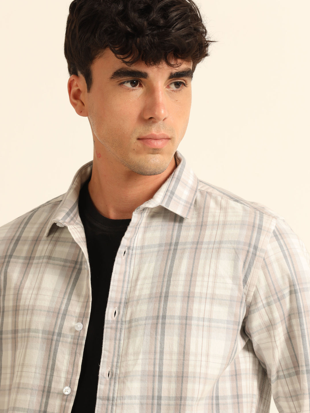 French Taupe Regular Fit Check Shirt Checks Shirt Bushirt