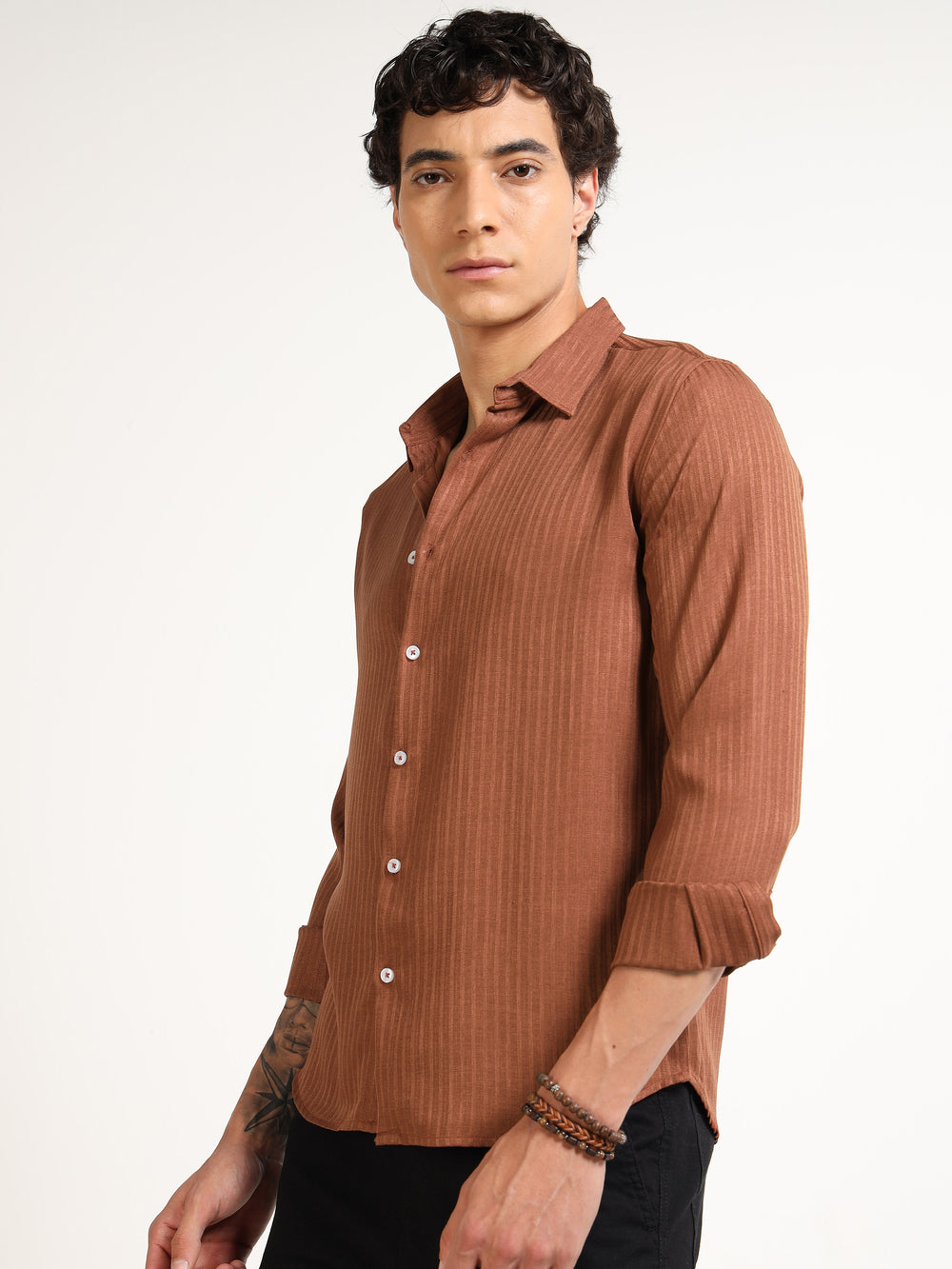 Rust Brown Regular Fit Textured Shirt Structured Shirt Bushirt
