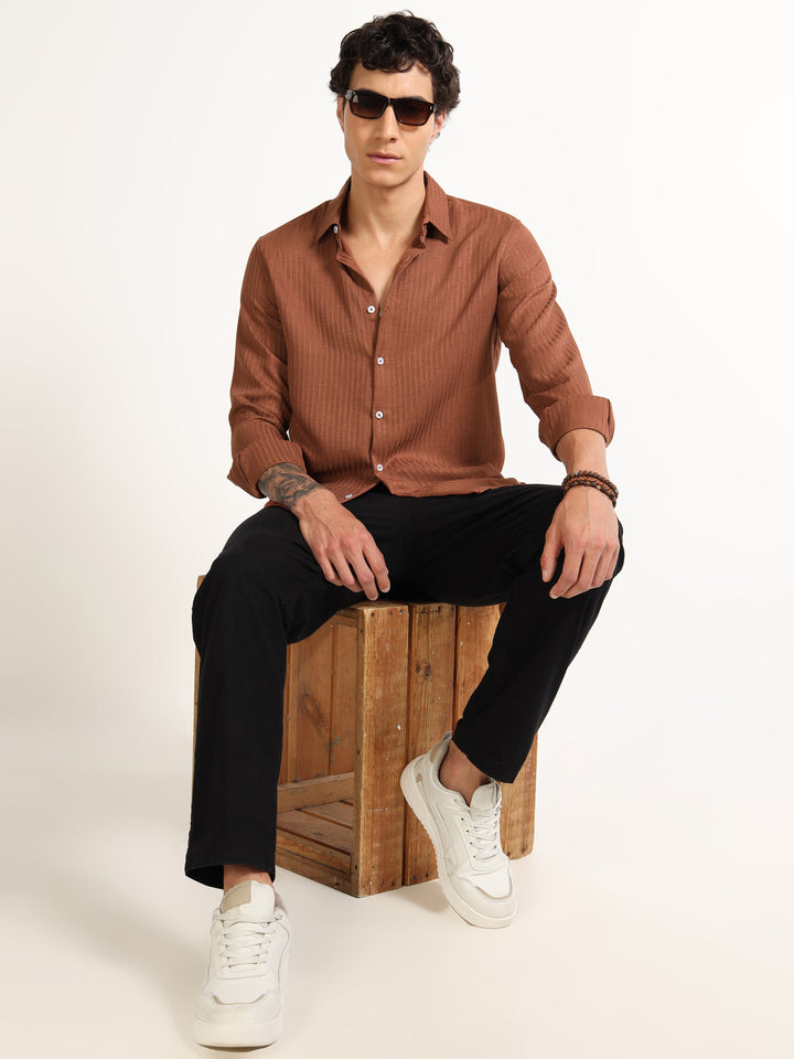 Rust Brown Regular Fit Textured Shirt Structured Shirt Bushirt