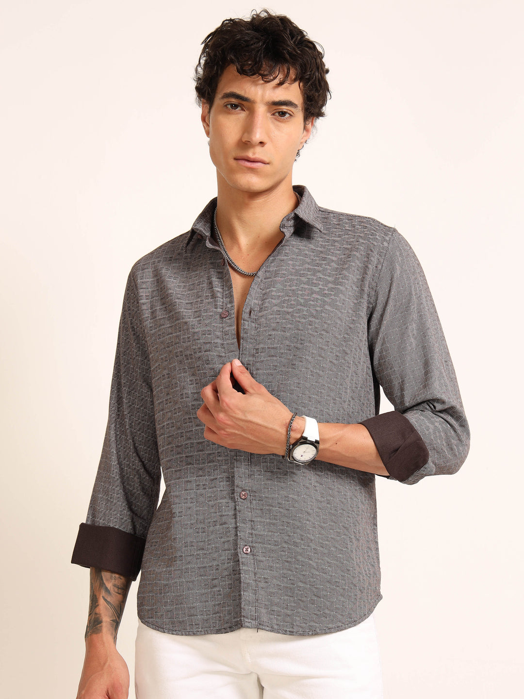 Dark Grey Regular Fit Printed Shirt