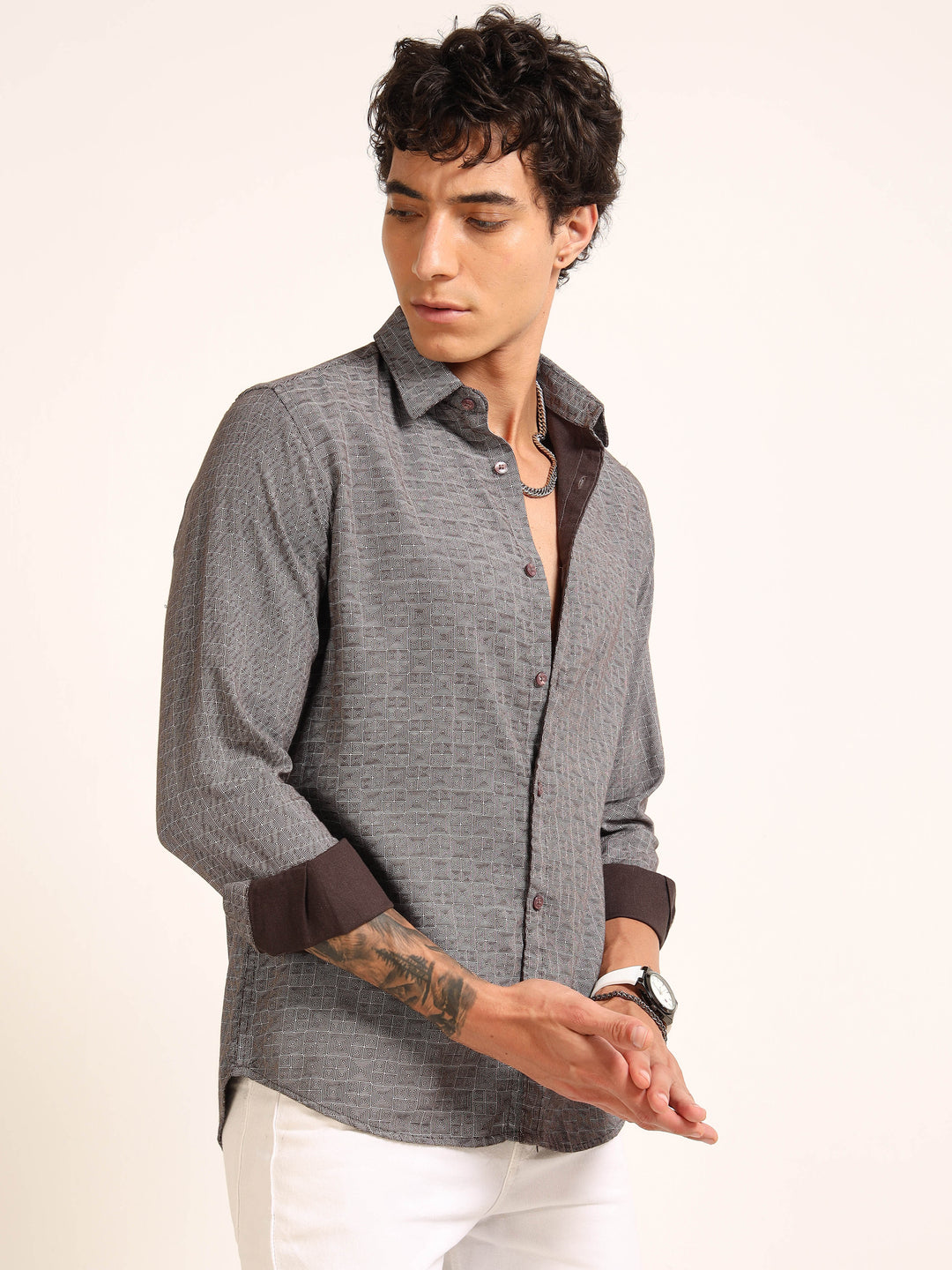 Dark Grey Regular Fit Printed Shirt