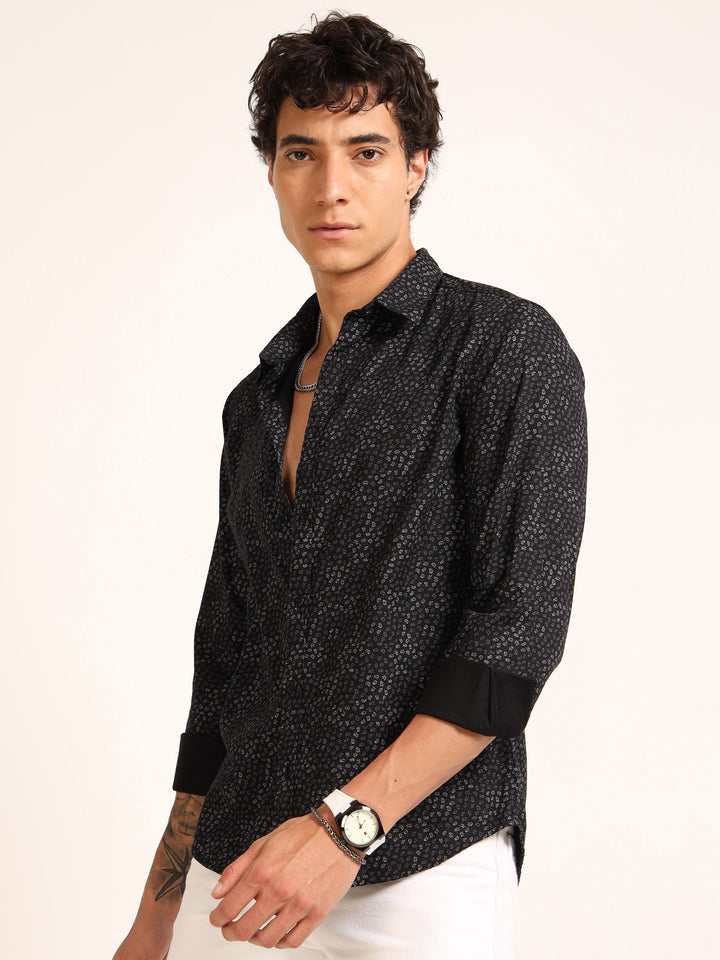 Black Regular Fit Printed Shirt
