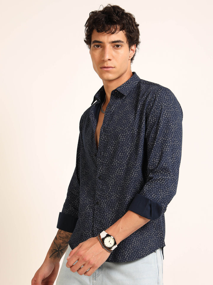 Navy Blue Regular Fit Printed Shirt