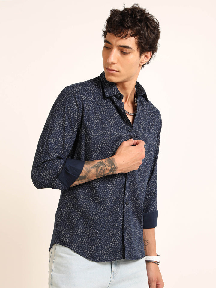 Navy Blue Regular Fit Printed Shirt
