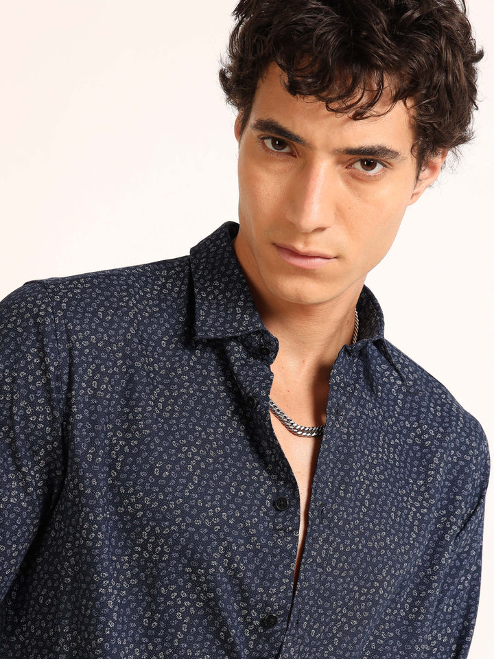 Navy Blue Regular Fit Printed Shirt