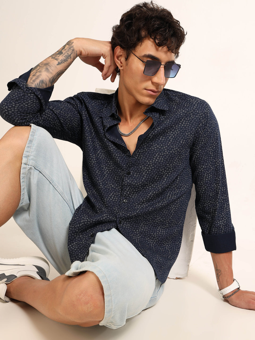 Navy Blue Regular Fit Printed Shirt