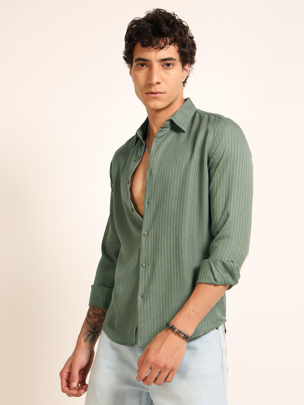 Green Regular Fit Textured Shirt Structured Shirt Bushirt