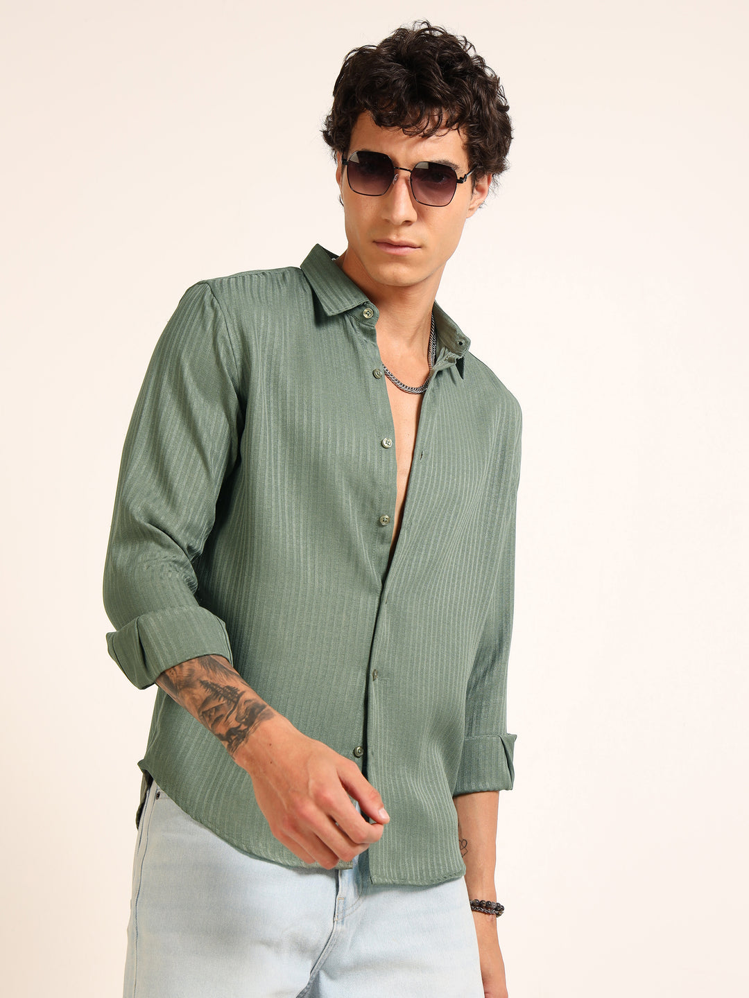 Green Regular Fit Textured Shirt Structured Shirt Bushirt