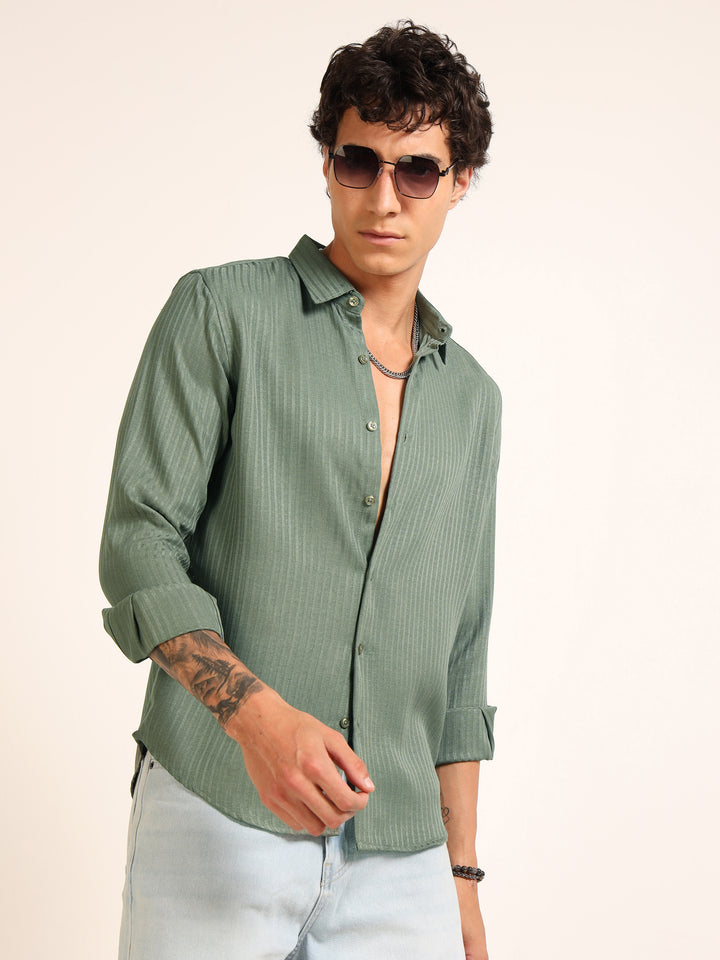 Green Regular Fit Textured Shirt Structured Shirt Bushirt