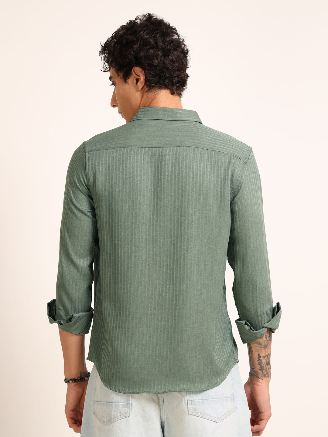 Green Regular Fit Textured Shirt Structured Shirt Bushirt