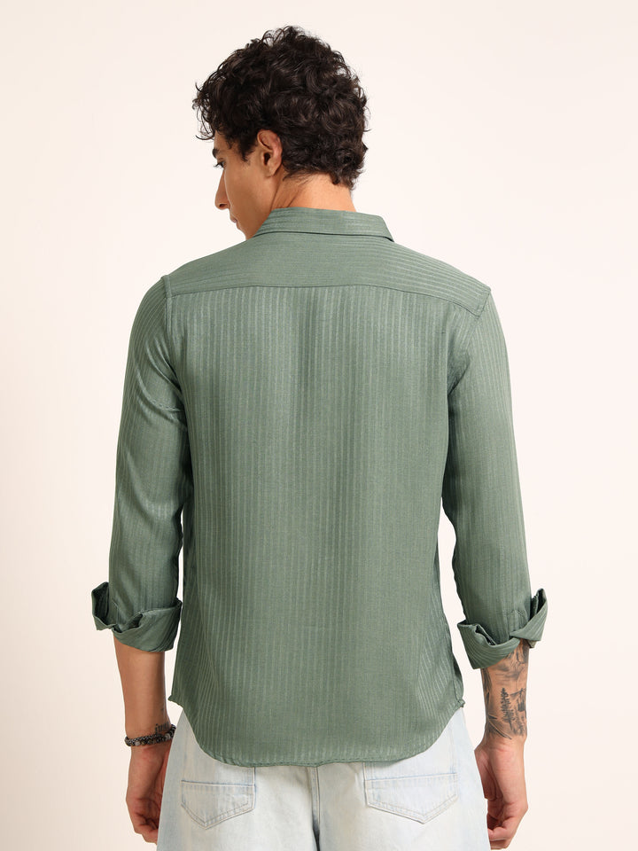 Green Regular Fit Textured Shirt Structured Shirt Bushirt