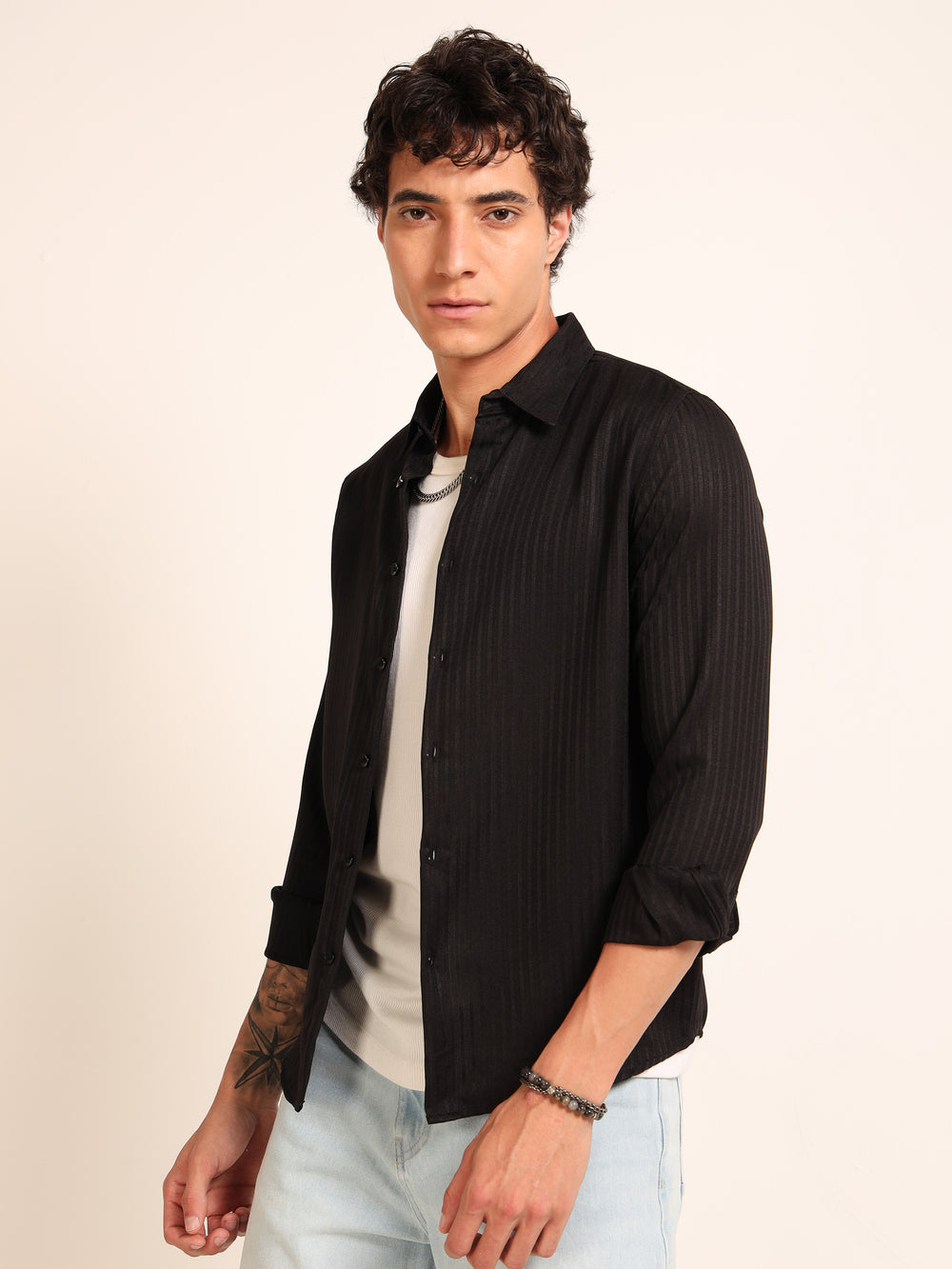 Black Regular Fit Textured Shirt Structured Shirt Bushirt