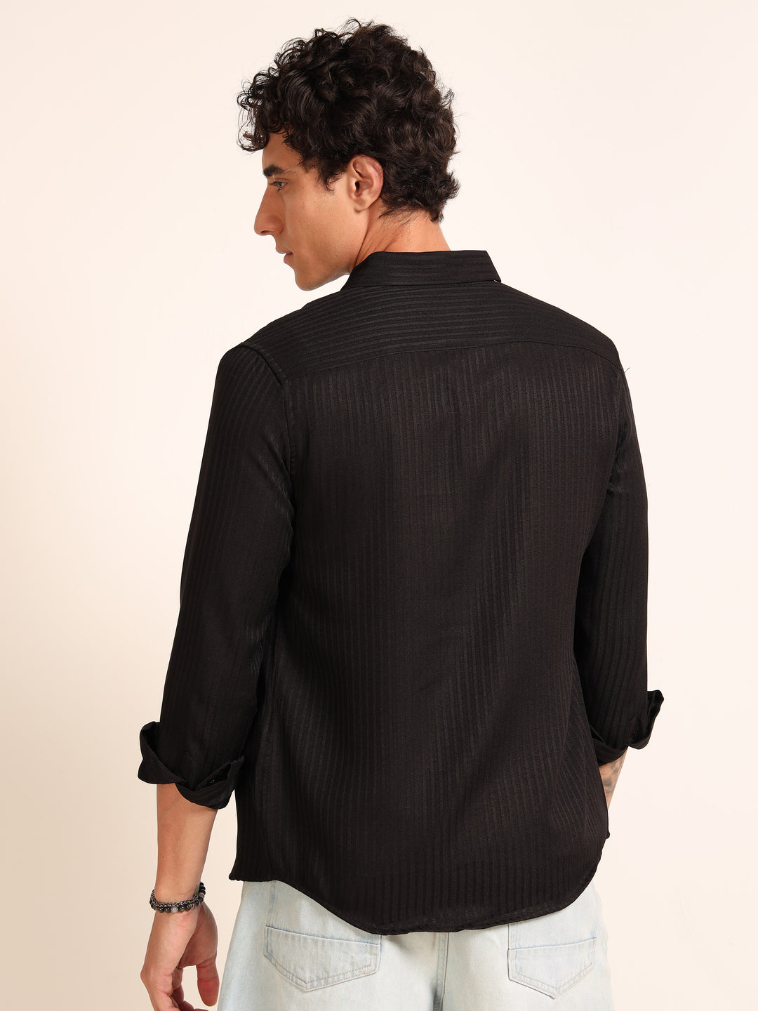 Black Regular Fit Textured Shirt Structured Shirt Bushirt