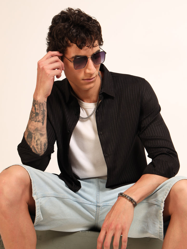 Black Regular Fit Textured Shirt Structured Shirt Bushirt