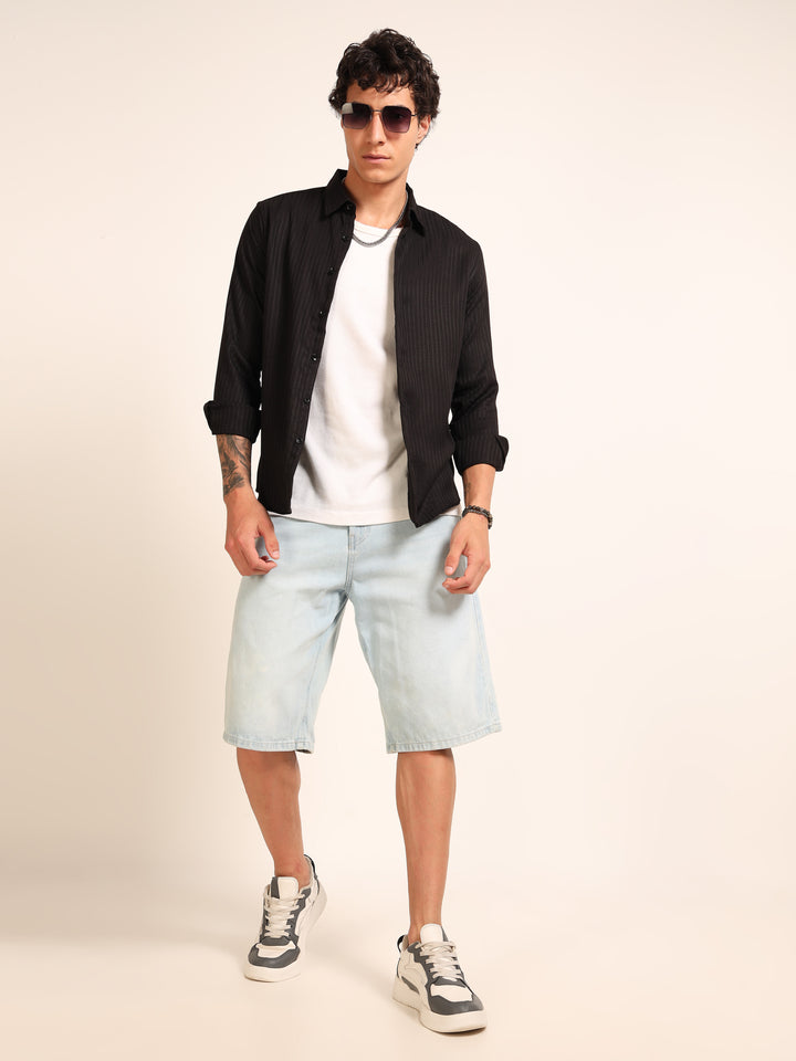 Black Regular Fit Textured Shirt Structured Shirt Bushirt