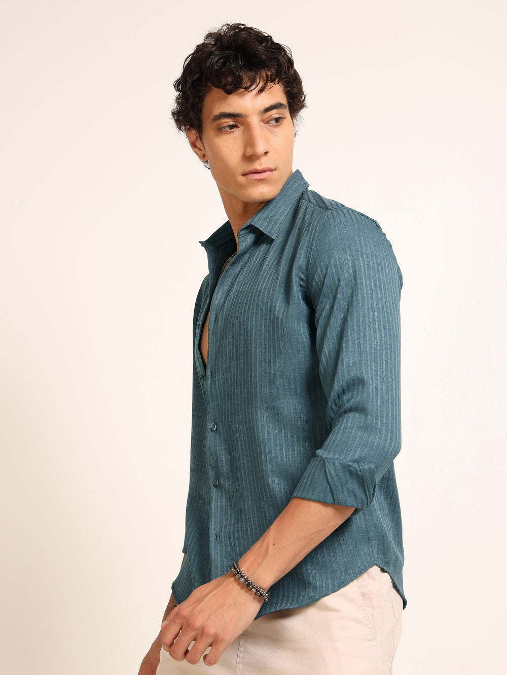 Teal Green Regular Fit Textured Shirt Structured Shirt Bushirt