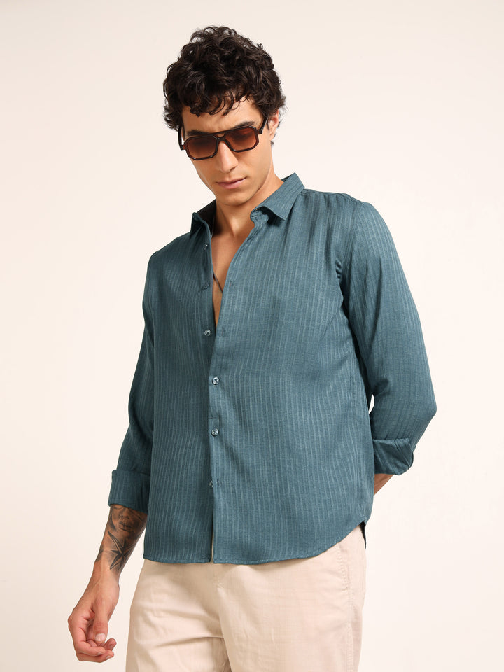 Teal Green Regular Fit Textured Shirt Structured Shirt Bushirt