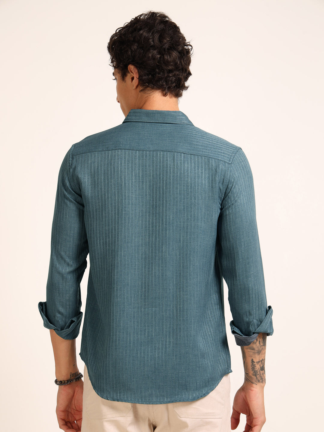 Teal Green Regular Fit Textured Shirt Structured Shirt Bushirt