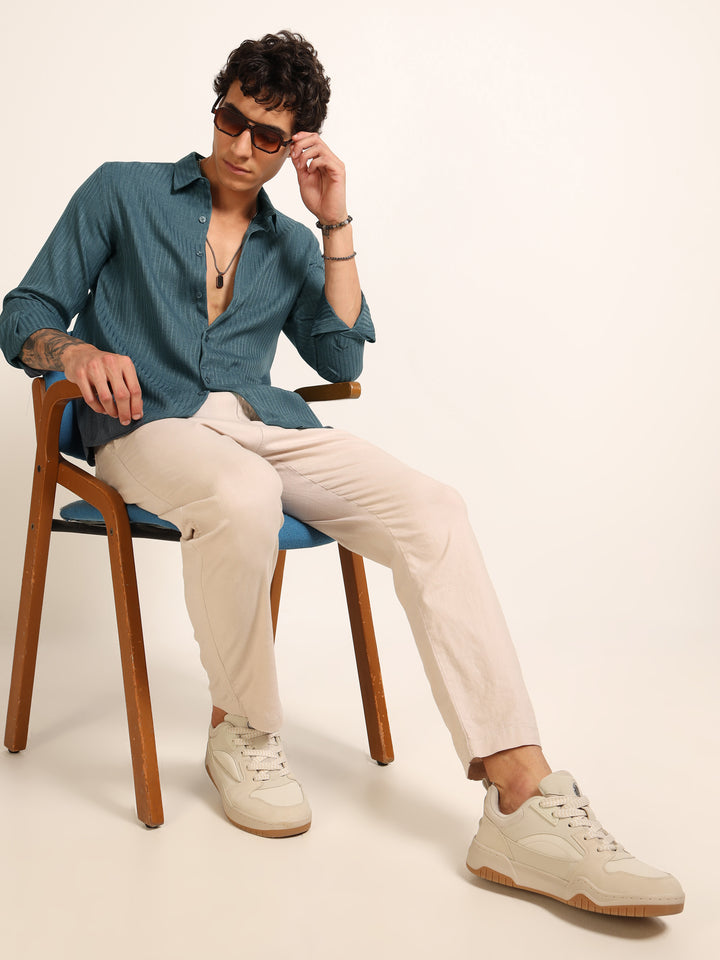 Teal Green Regular Fit Textured Shirt Structured Shirt Bushirt