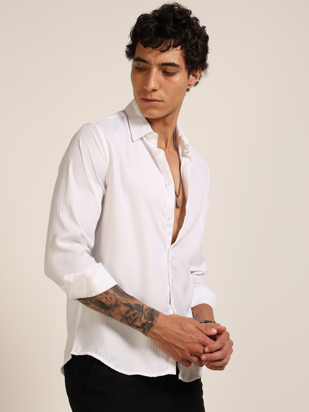 White Regular Fit Textured Shirt Structured Shirt Bushirt