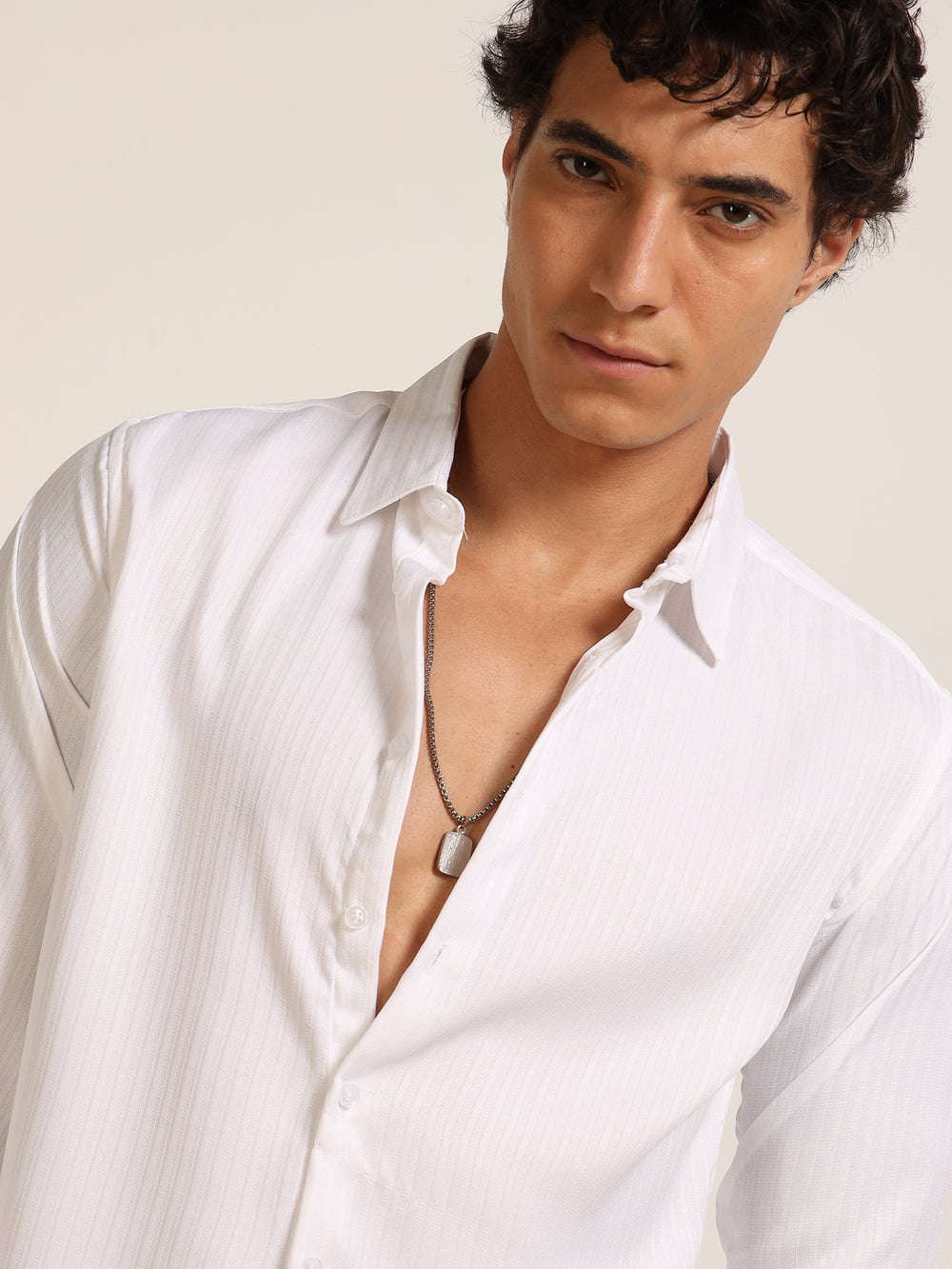 White Regular Fit Textured Shirt Structured Shirt Bushirt