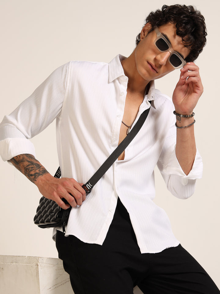 White Regular Fit Textured Shirt Structured Shirt Bushirt