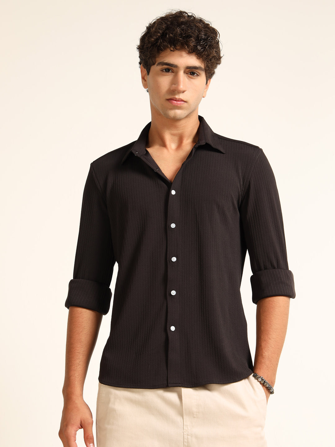 Black Regular Fit Textured Shirt Structured Shirt Bushirt