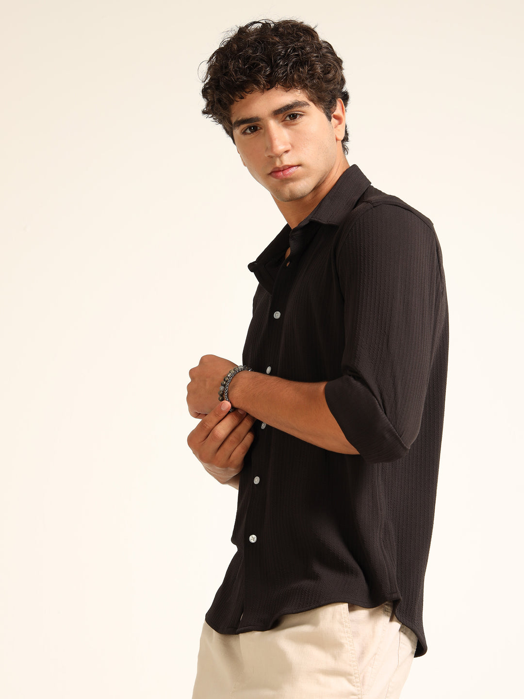 Black Regular Fit Textured Shirt Structured Shirt Bushirt