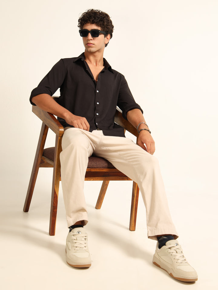 Black Regular Fit Textured Shirt Structured Shirt Bushirt