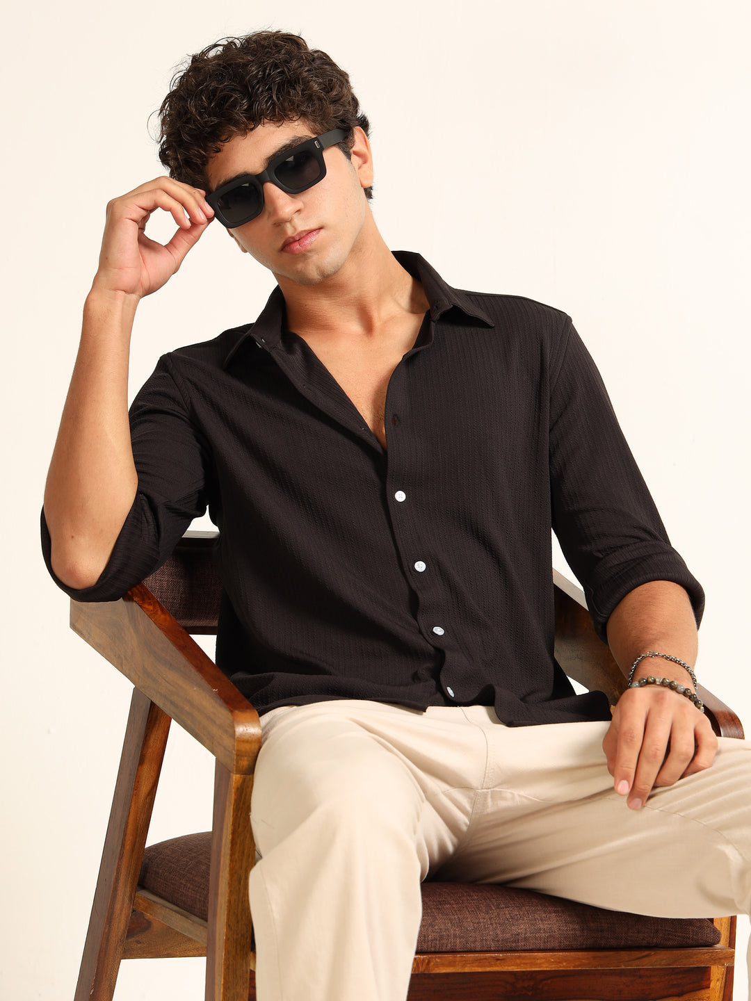 Black Regular Fit Textured Shirt Structured Shirt Bushirt