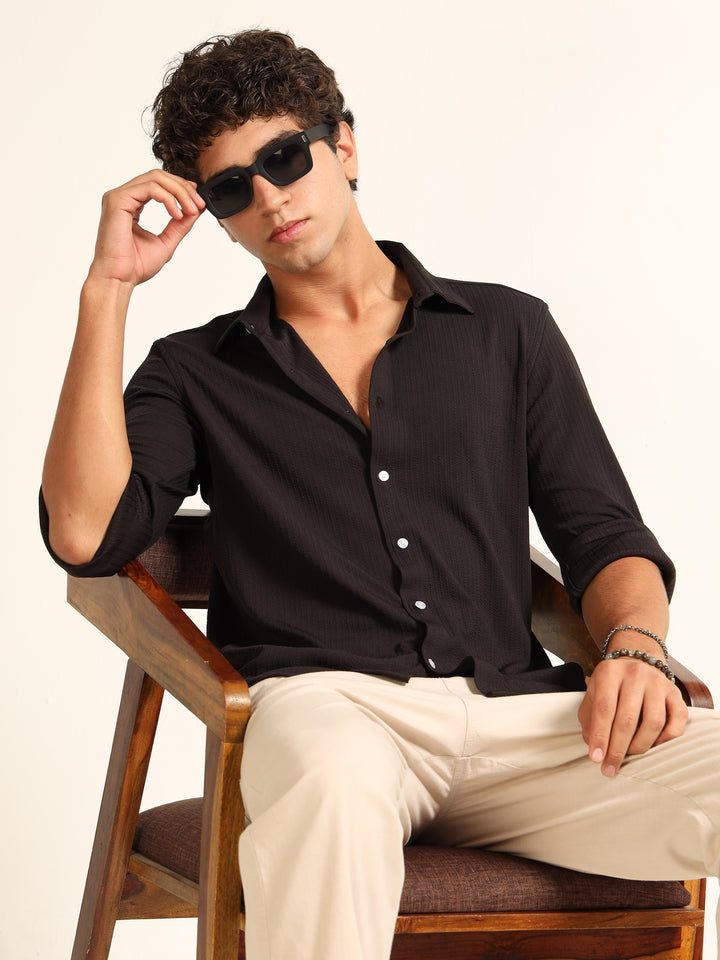 Black Regular Fit Textured Shirt Structured Shirt Bushirt