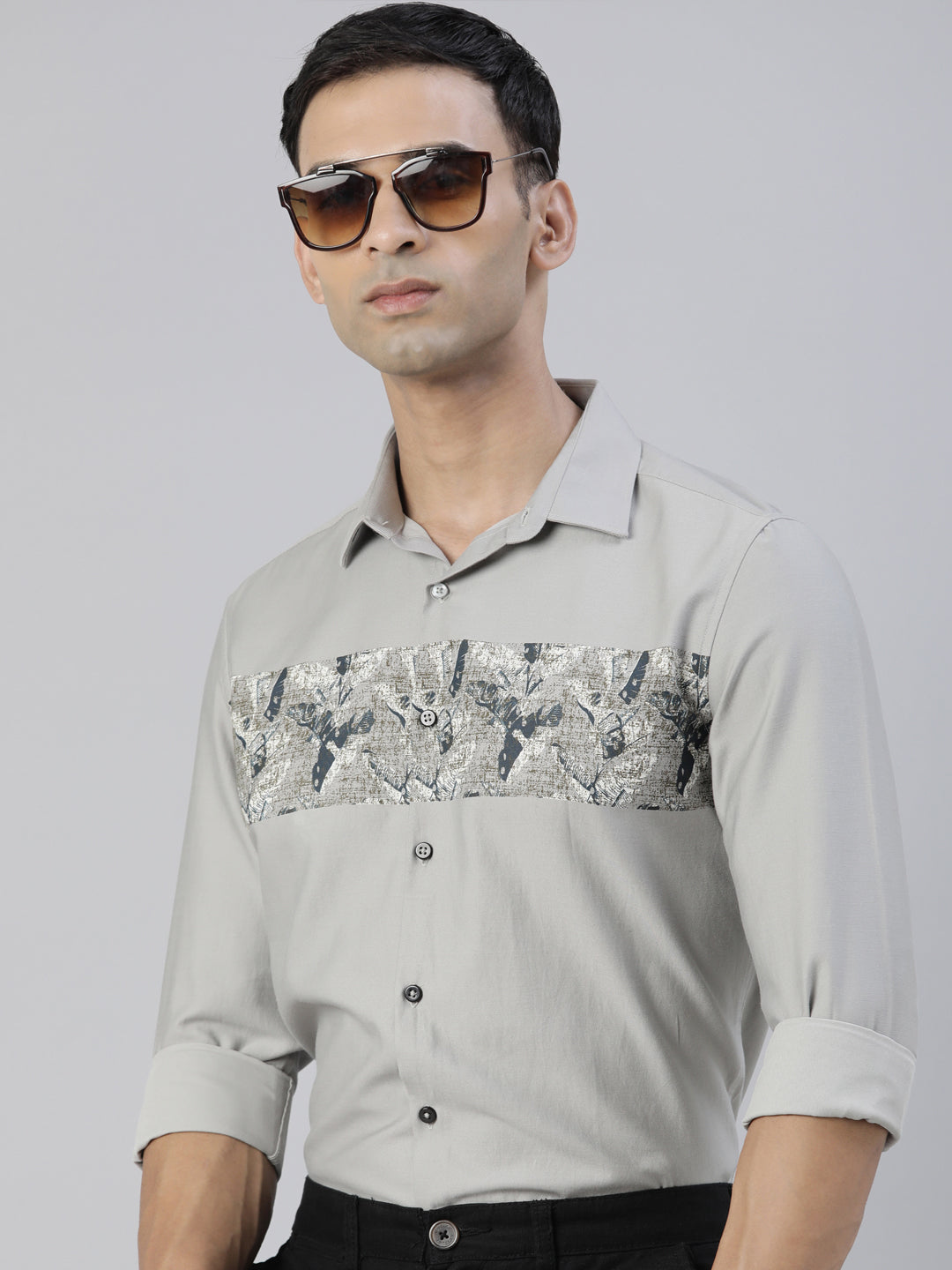 Fascia Cloud Grey Panel Printed Shirt Panel Printed Shirt Bushirt   