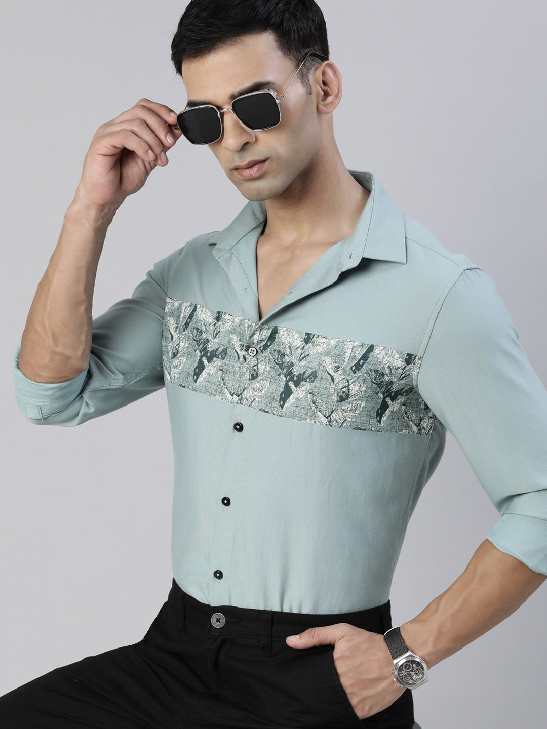 Fascia Turquoise Panel Printed Shirt Panel Printed Shirt Bushirt   