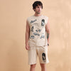Beige Printed Oversized Sleeveless Co-Ords Oversize Co-ords Bushirt
