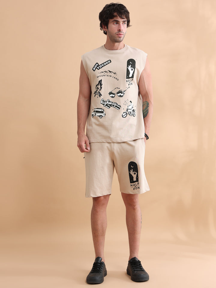 Beige Printed Oversized Sleeveless Co-Ords Oversize Co-ords Bushirt