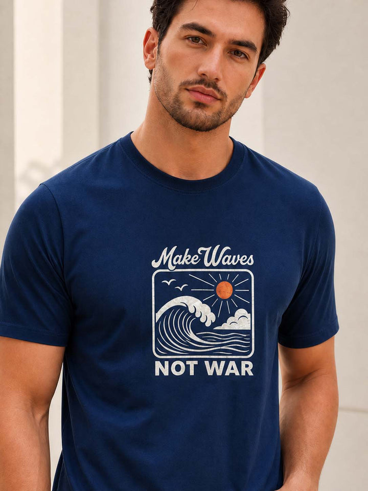 Make Waves Not War Navy Blue Classic Fit T-Shirt Graphic T-Shirts Bushirt