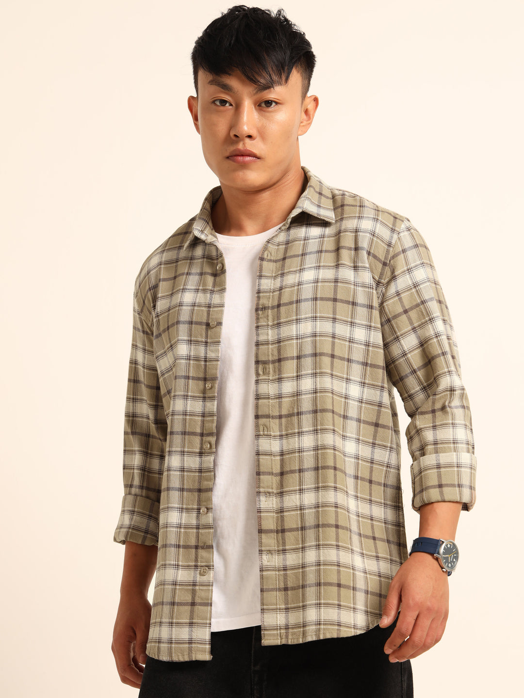 Beige Regular Fit Check Shirt Checks Shirt Bushirt