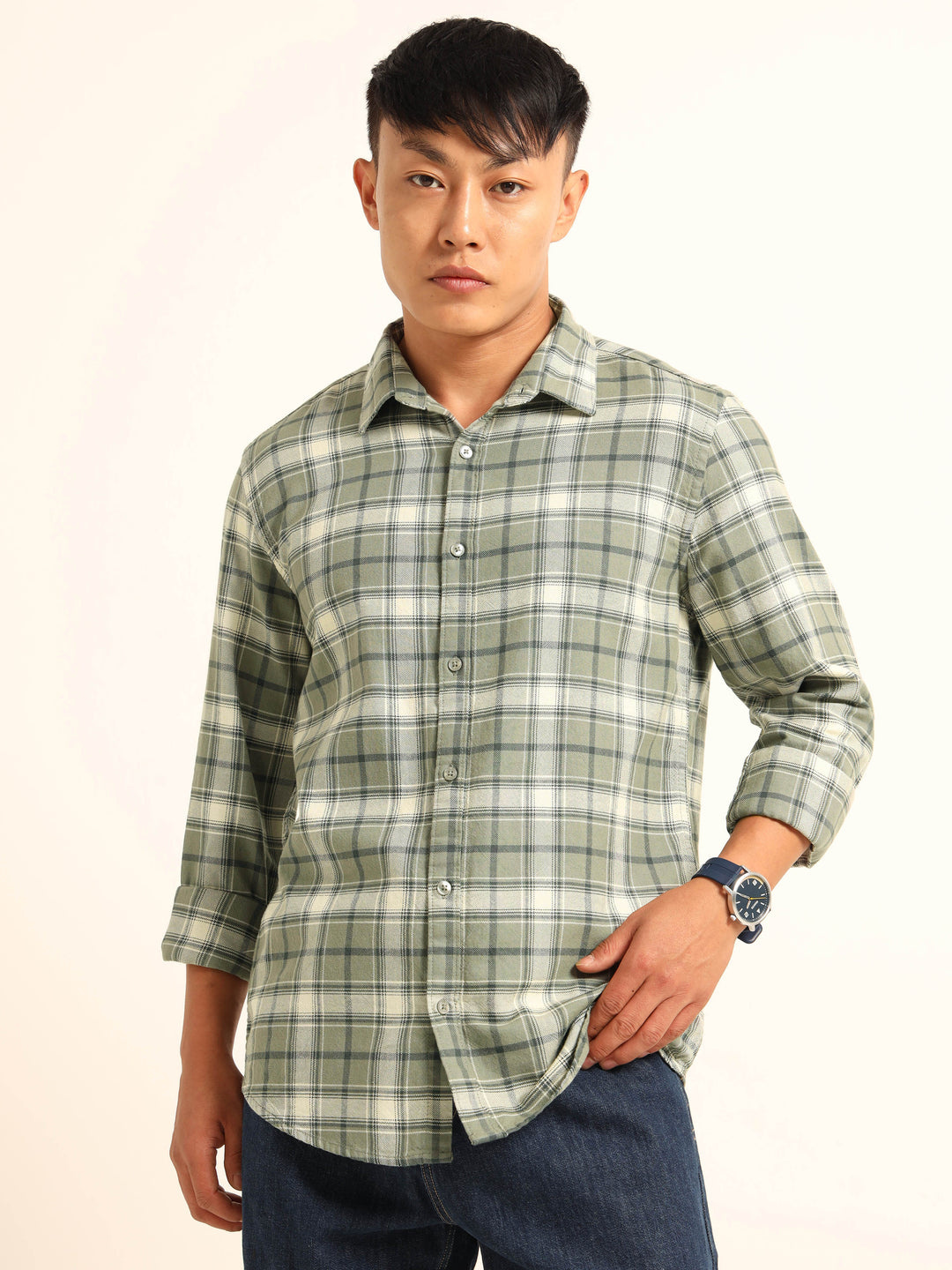 Sage Green Regular Fit Check Shirt Checks Shirt Bushirt