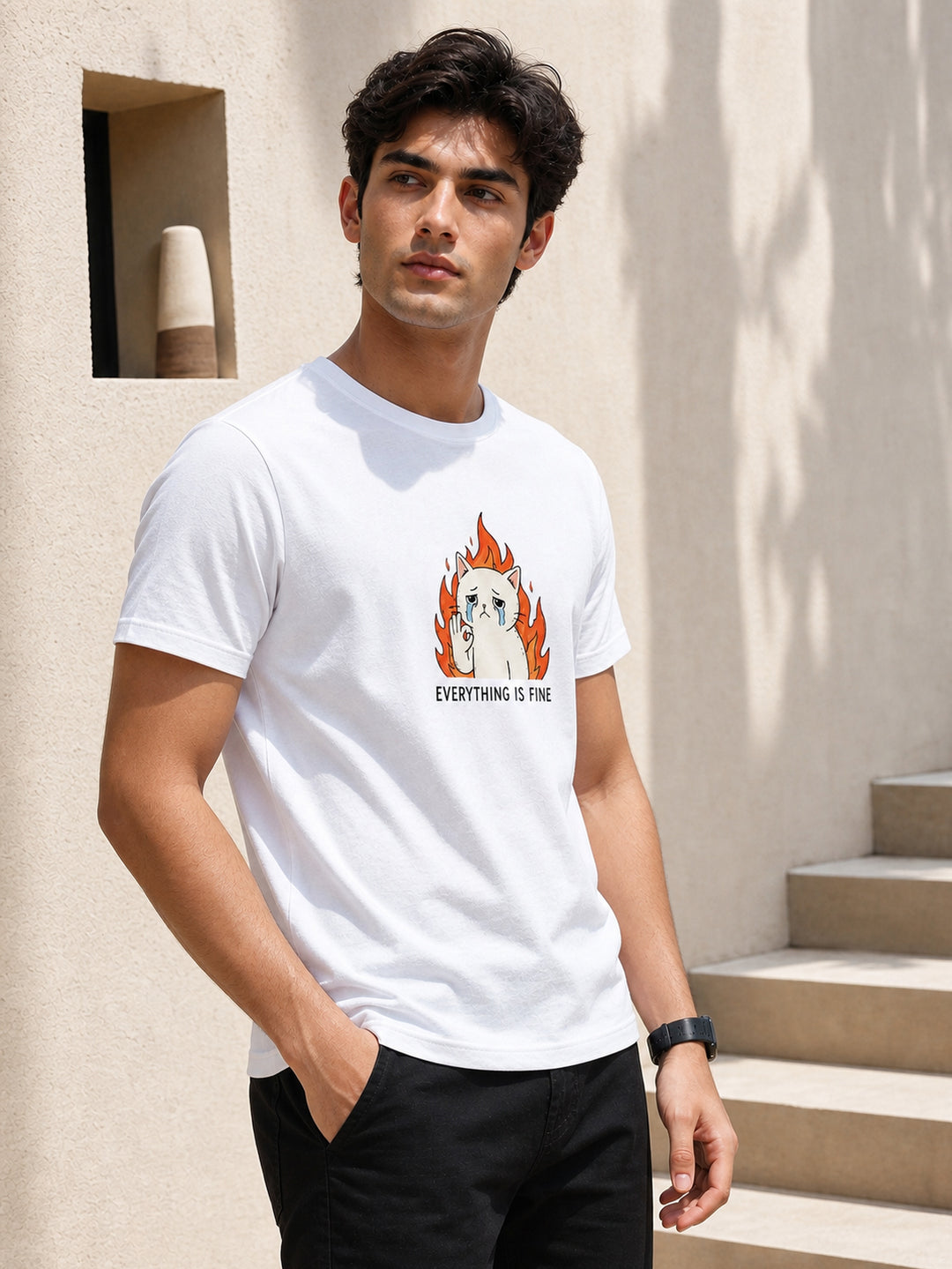 Everything is Fine White Classic Fit T-Shirt Graphic T-Shirts Bushirt